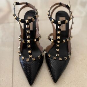 Valentino Black Snakeskin and Patent Leather Rockstud Ankle Strap Pumps